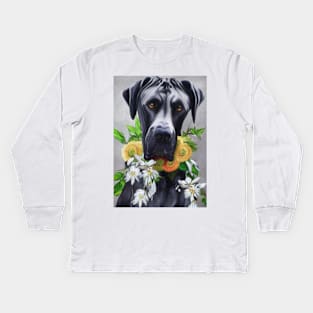 Beautiful Pastel Great Dane With collar Of Yellow & White Flowers Kids Long Sleeve T-Shirt